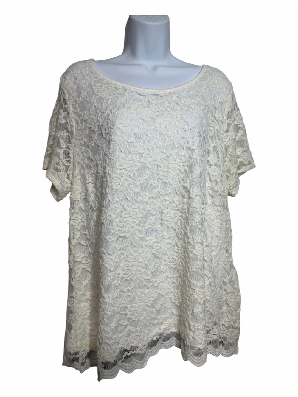 Boutique Ivory Lace Short Sleeve Tunic Top Size XL Feminine Dainty Boho Preppy